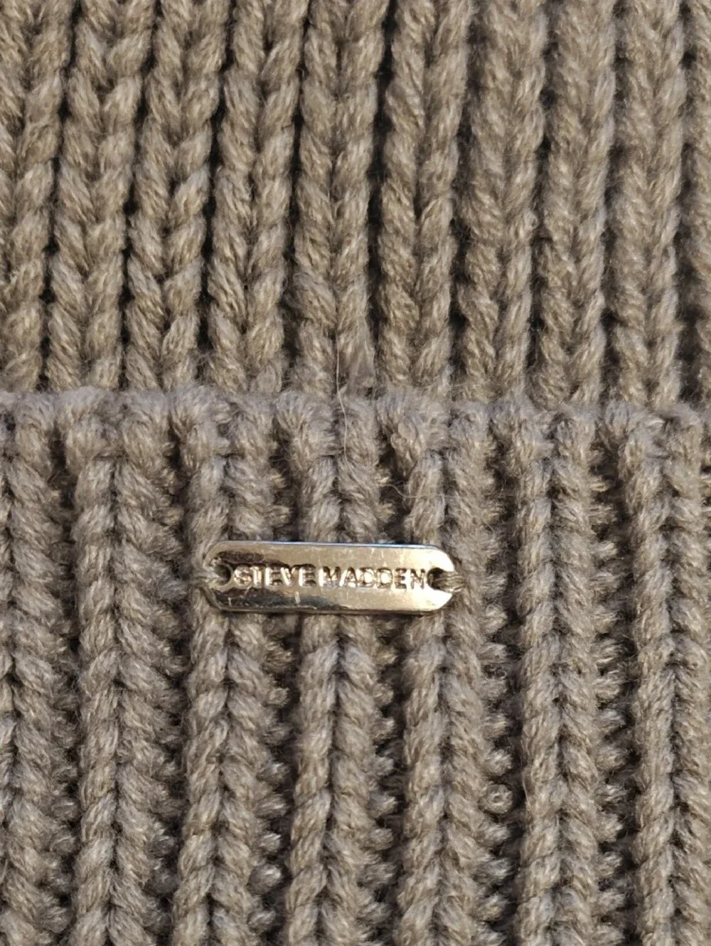 Steve Madden Taupe Knit Beanie with Gold Logo Plaque